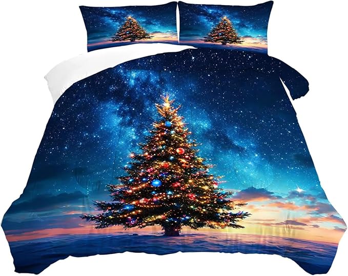 Christmas Tree Bedding Set Full/Queen Size Blue Galaxy Comforter for Kids Girls Teen Women Space Xmas Holiday Bedroom Quilt Bed Sets, 1 Comforter 2 Pillowcases