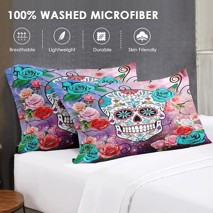 7 Pcs King Size Comforter Set with 2 Pillowcases & 2 Shams, Sugar Galaxy Bedding for Kids and Adults, Vintage Skeleton Flower Bed in a Bag with Flat Fitted Sheet