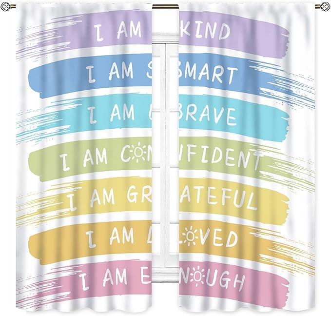 Rainbow Curtains for Classroom, Kids Girls Baby Boho Cute Inspirational Motivational Quotes Cartoon Colorful Pastel Nursery Classroom Bedroom Living Room Bathroom Window Drapes 2 Panels, 63"x72" Inch