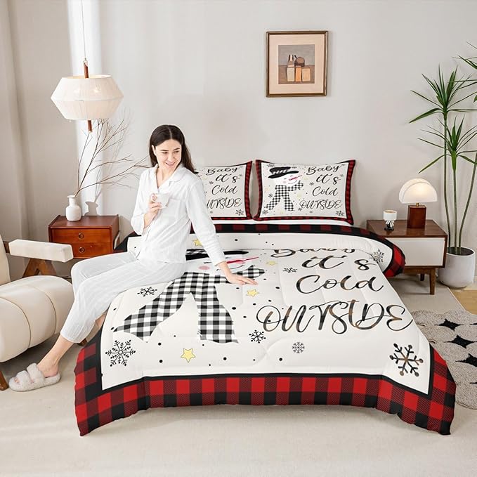 Kids Christmas Snowman Comforter Set Queen Size,Snowflake Winter Bedding Set,Girls Boys Adults Xmas Decor,Geometric Grids Lattices Patch Down Comforter,Red Rustic Vintage Duvet Insert,2 Pillowcases