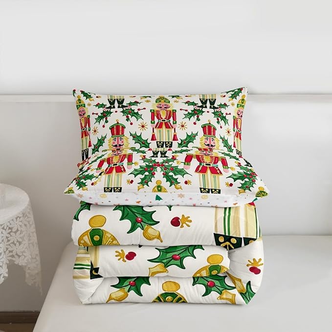 Feelyou Merry Christmas Bedding Set Soft for Boys Girls, Nutcracker Comforter Set Toddler Size Holly Leaves Duvet Quilt Microfiber Red Berries Bedroom Decor 2 Pcs with 1 Pillow Cases