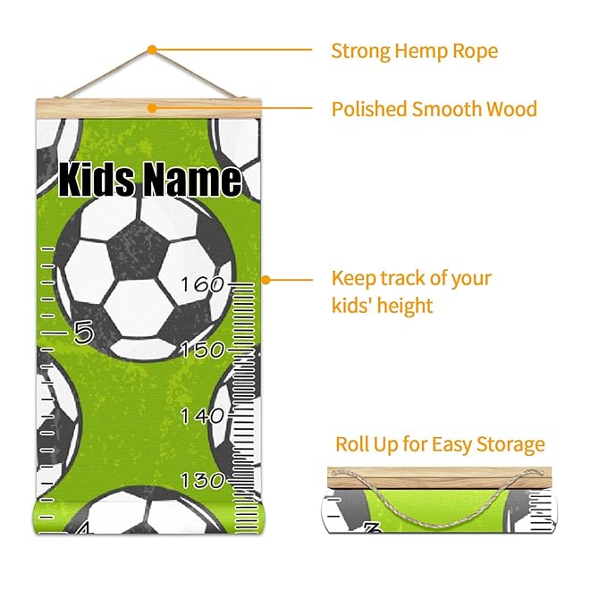 Personalized Kids Name Growth Chart Ruler for Wall Wood Frame Height Measure Chart 13.4x56 in Linen Hanging Height Growth Chart Football Soccer Green Kids Room Decor