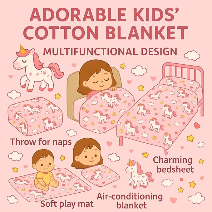 Kids Throw Blanket – Soft Cotton Toddler Blanket with Unicorn, Star & Cloud Pattern, Lightweight Breathable Bed Throw with Stitched Edges, 40 x 60 in (101.6 x 152.4 cm)