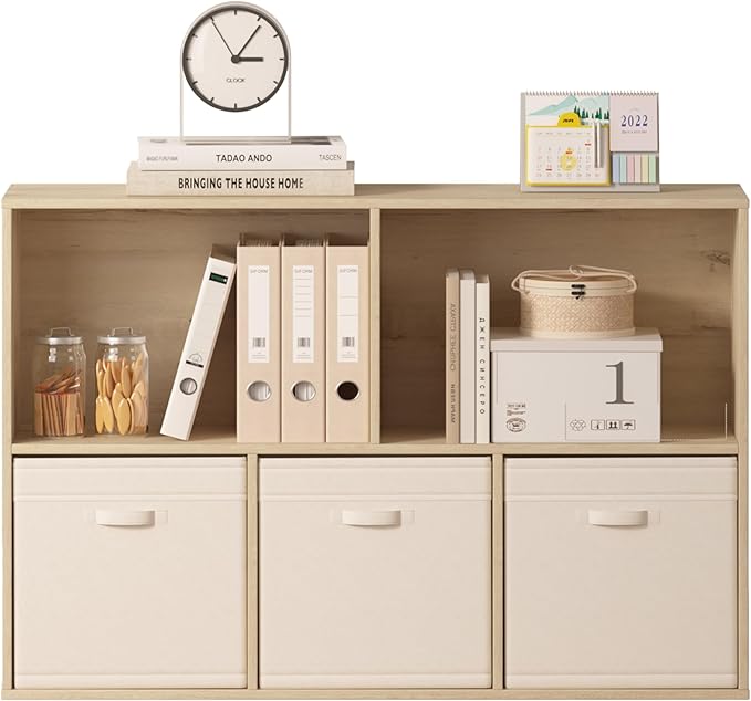 5 Cube Storage Organizer Bookshelf, Closed Back Display Bookcase, Cubby Shelf for Home Office, Living Room, Kids Room, Large Capacity Toy Storage, 35.98" L x 9.45" W x 24.09" H, White Oak