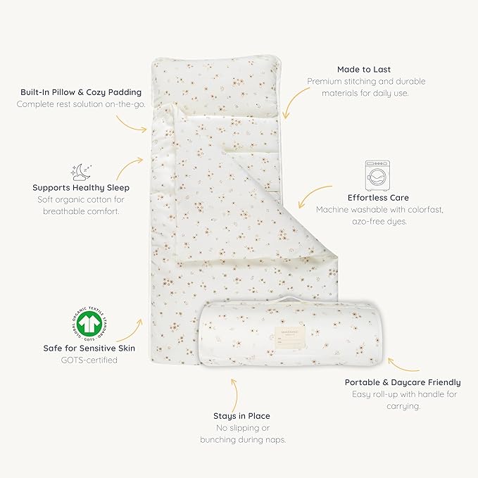 Makemake Organics GOTS Certified Organic Cotton Nap Mat with Detachable Pillow for Kids Soft Sleeping Bag for Toddlers, Boys, Girls - Ideal for Daycare, Preschool, Kindergarten