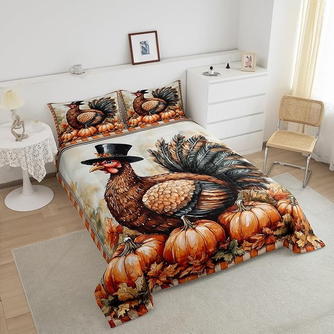 Feelyou Boys Girls Thanksgiving Comforter Cover Queen Size, Fall Autumn Comforter Set for Turkey Duvet Cover Kids Pumpkin Teens Bedspread Cover Bedroom Decor Bed Set 3Pcs
