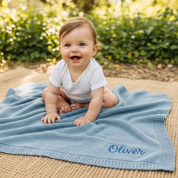 Personalized Baby Blanket - 100% GOTS Certified Organic Cotton - Custom Baby Blanket for Boys and Girls - Embroidered Swaddle, 40x30, Baby Name Blankets (Harbor Mist)