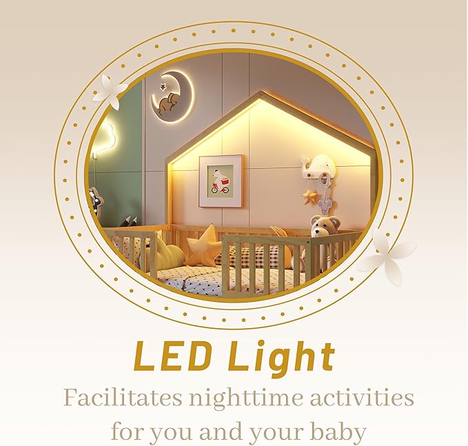 Full Size House Bed for Kids, Low Profile Full Montessori Bed with High Railings, Wood House Shape Montessori Beds with Light & Roof for Kids, Natural