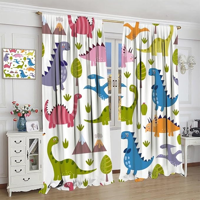 Dino Curtains, Cartoon Style Colorful Dinosaurs Pattern Blackout Window Treatments, Rod Pocket Thermal Insulated Drapes 2 Panel Sets for Kids Bedroom Nursery Classroom, 55" W X 63" L