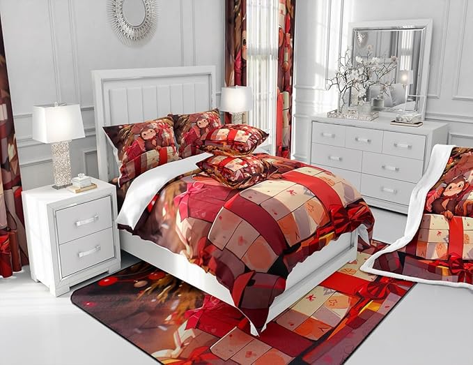 Merry Christmas Comforter Set Full Size,Cartoon Cute Monkey Bedding Set for Kids Boys Girls Room Decor,Animals Microfiber Modern Soft Quilt Set,Xmas Theme Red Luxury Duvet Insert 3Pcs,2 Pillowcases