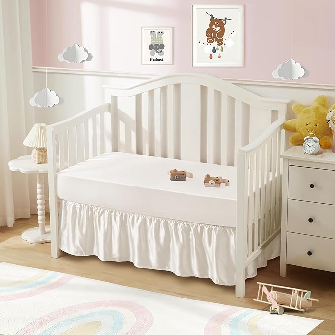 SiinvdaBZX 2-Piece Set Satin Crib Sheets & Crib Bed Skirt, 52" x 28" Silky Soft Ruffled Baby Crib Skirt with Adjustable Elastic 14" Drop, Fit for Standard Crib & Toddler Bedding (Ivory White)