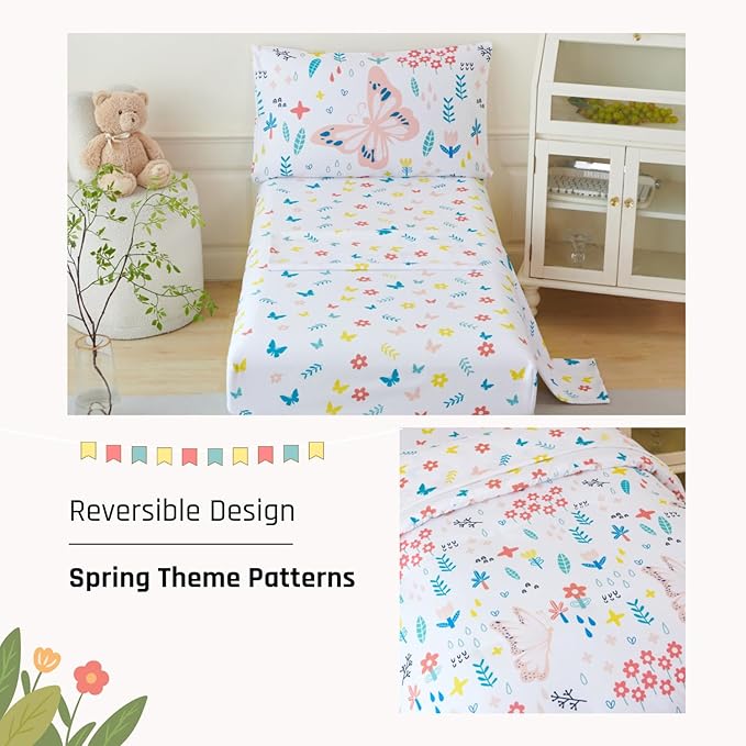 PERFEMET 5 Pieces Girls Bed in A Bag Full Size Reversible Pink Flowers Butterfly Comforter Set with Sheet Soft Lightweight Botanical Floral Bedding Set for Kids Teen(White, Full)