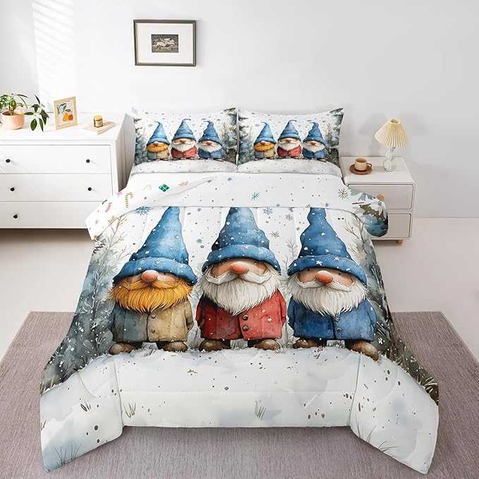 Manfei Cartoon Gnome Kids Comforter Set King Size,Christmas Winter Snowflake Retro Bedding Set,Boys Girls Room Decor,Jungle Pine Trees Rustic Down Comforter,Blue White Duvet Insert,2 Pillowcases