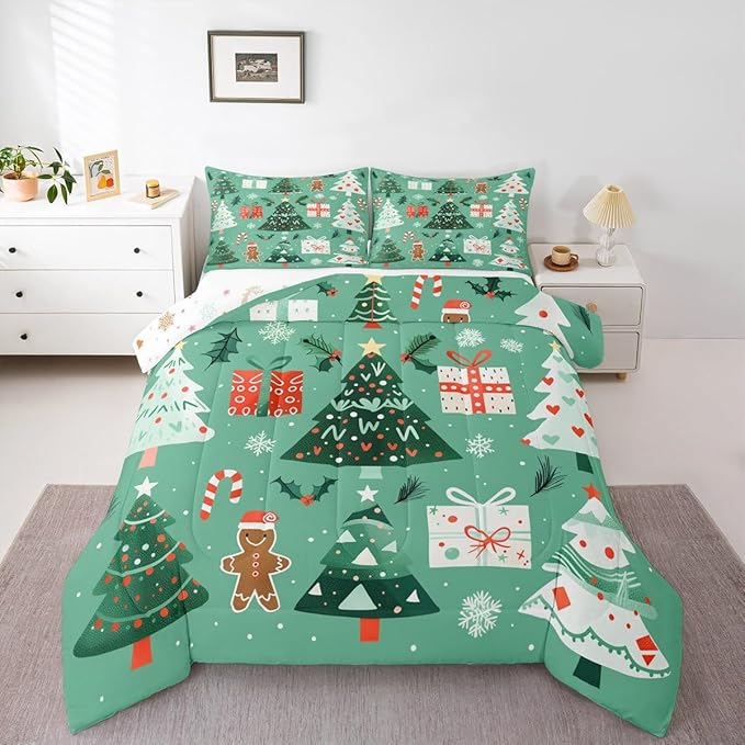 Feelyou Christmas Bedding Set Soft for Boys Girls, Xmas Tree Snowflake Comforter Set Full Size Gingerbread Man Duvet Quilt Microfiber New Year Gift Bedroom Decor 3 Pcs with 2 Pillow Cases