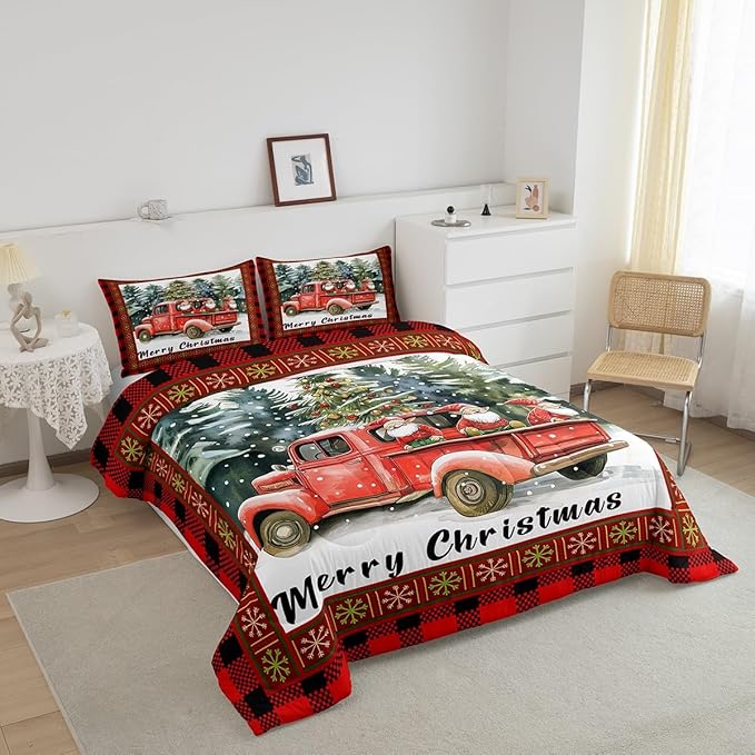 Merry Christmas Comforter Set Queen Size,Retro Red Truck Christmas Tree Bedding Set for Kids Boys Girls Room Decor,Gnome Snowflake Xmas Duvet Insert 3Pcs,Black Red Plaid Quilt Set,2 Pillowcases