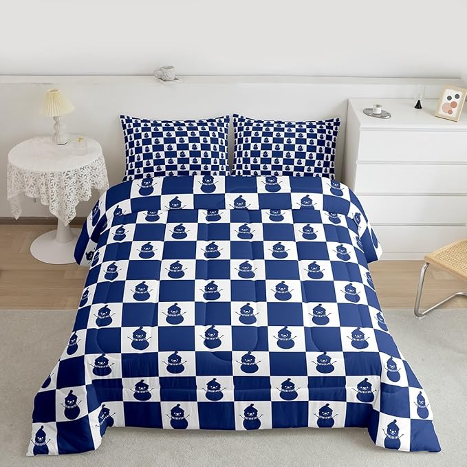 Feelyou Christmas Comforter Set All Season Checkered Bedding Set with 2 Pillow Cases Snowman Kids Full Bedclothes Xmas Decorations Bedroom Decor Blue Duvet Quilt Breathable Soft Lightweight