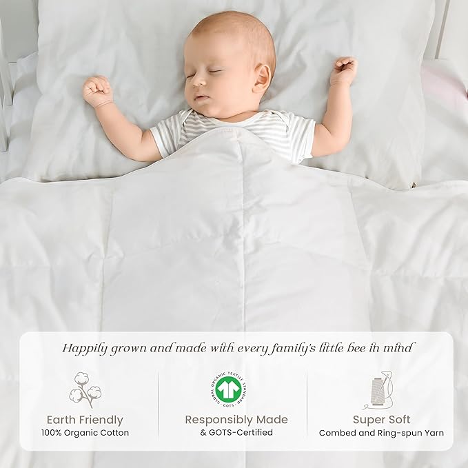 Toddler Goose Down Comforter Lightweight Summer Cooling Baby Duvet Insert, Hypoallergenic 100% Organic Cotton Crib Quilted Washable Nursery Blanket with Corner Tabs, White 41x48 Inches