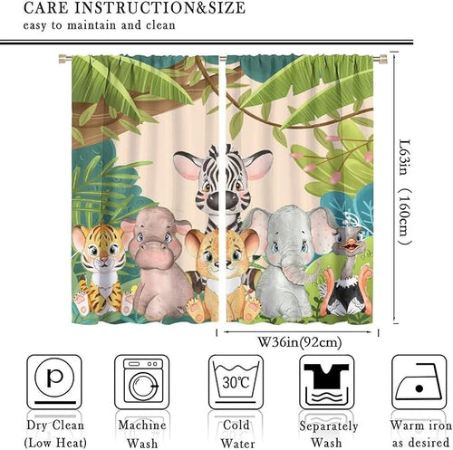 Animals Curtains Colorful Forest Cartoon Cute Zebra Tiger Elephant for Kids Boys Girls Nursery Bedroom Living Room Blackout Rod Pocket Decoration Window Drapes 2 Panels W36xL63in