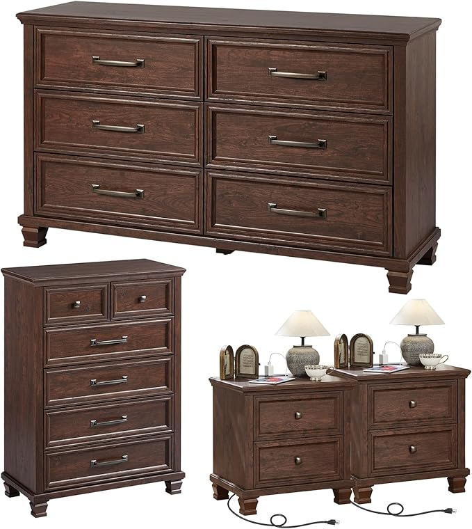 Farmhouse Bedroom Dresser and Nightstand Set of 4, 6 Drawer Tall & Low Dresser & 2 Drawer Nightstand Set, Rustic Wood Furniture Set for Bedroom, Hallway, Walnut