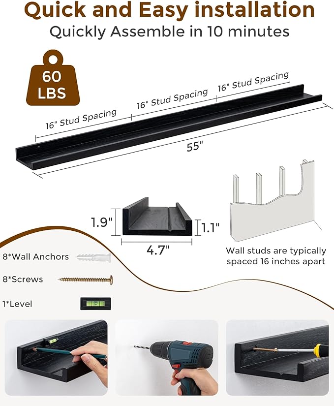 Axeman Oak Picture Ledge Shelf, 55 Inch Floating Shelves Set of 2, Solid Oak Wood Wall Shelves with Lip, Wall Decor Storage for Bedroom Living Room Bathroom Kitchen Nursery Photo Picture, Black