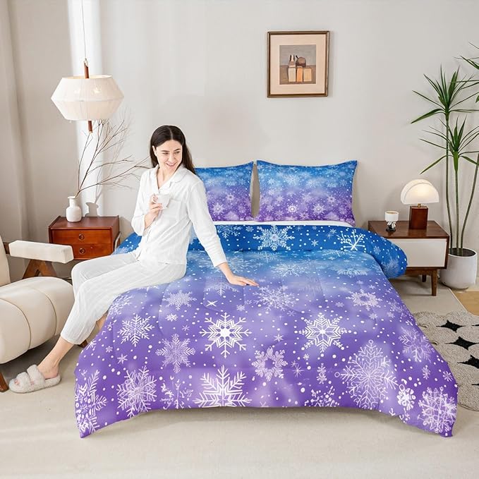 Feelyou Christmas Bedding Set Soft for Boys Girls, Winter Snowflake Comforter Set Toddler Size Purple Blue Gradient Duvet Quilt Microfiber Bedroom Decor 2 Pcs with 1 Pillow Cases
