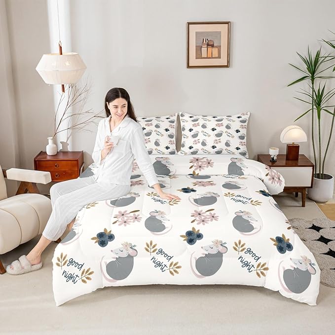 Castle Fairy Watercolor Flower Plant Boys Girls Comforter Set Full Size,Cute Opossum Duvet Set Teens Bedroom Decor,Cartoon Animals Microfiber Soft Bedding