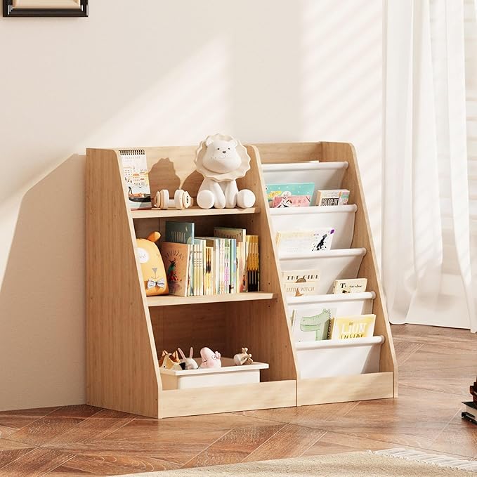 NACHES 3 Tier Kid Bookshelf Wooden 4 Sling Children Bookcase Adjustable Toddler Montessori Rack Display Toy Storage Organizer Book Display Shelf Classroom Bedroom Nursery Playroom, 25inch(Burlywood)