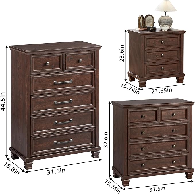 Farmhouse Bedroom Dresser and Nightstand Set of 4, 6/5 Drawers Tall Dresser & 3 Drawer Nightstand Set with Wooden Legs, Rustic Wood Furniture for Bedroom, Hallway, Walnut