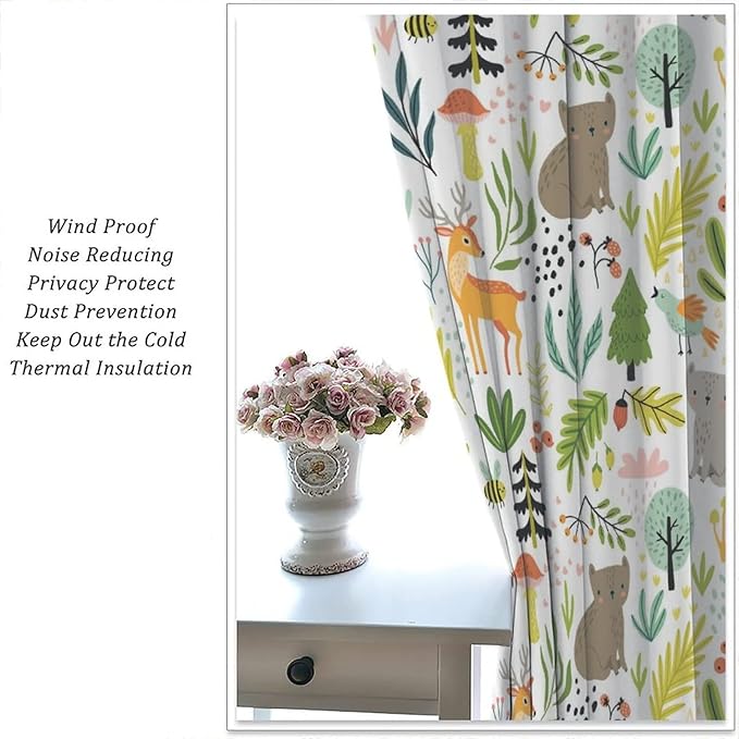 Cartoon Forest Kids Blackout Curtains,Cute Woodland Wild Animals Colorful Deer Plants Trees Print Pattern Thermal Insulation Window Drapes for Nursery Boys Girls Bedroom,White Background 42x54 Inch