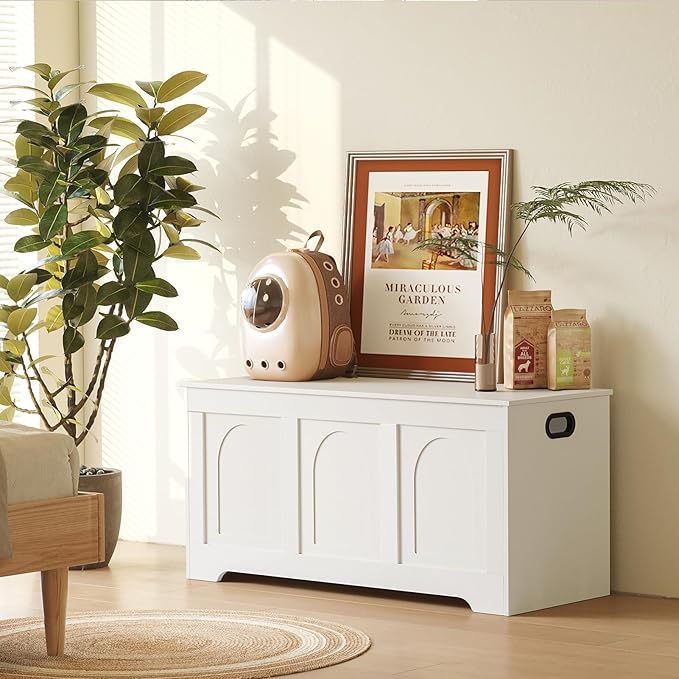 DINZI LVJ Storage Chest, 39.4” Wooden Toy Box with 2 Safety Hinges, Entryway Shoe Bench with Flip-Top, Sturdy Large Storage Trunk for Living Room, Bedroom, Playroom, Easy Assembly, White