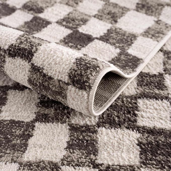 Hauteloom Benjy Living Room, Checkered Bedroom Area Rug - Farmhouse - Cream, Charcoal - 6'7" x 9'