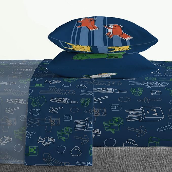 Jay Franco Minecraft 7pc Full Bed Set - Includes Comforter, Sheet Set & Decorative Pillow Shams - Features Creeper, Ghost, Zombie & Enderman Characters