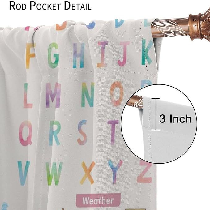 Kids Educational Alphabet Curtain,Boho Watercolor Alphabet Pastel Numbers Shapes Colors for Girls Child Nursery Home Kids Printed Rod Pocket Blackout Window Drapes for Bedroom Living Room 52"W X 84"L