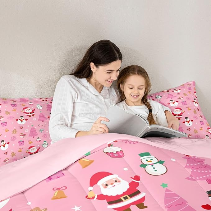 Feelyou Christmas Kids Comforter Set Twin Size Happy New Year Bedding Set Santa Claus Duvet Quilt for Kids Boys Girls Bedroom Merry Christmas Decor Microfiber Ultra Soft Breathable