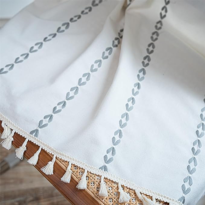 Deeprove Light Gray Boho Curtain 84 inches Long for Bedroom, Vintage Privacy Bohemian Embroidery Farmhouse Cotton Striped Linen French Country Tassel Window Treatments Decor, W52 x L84, 1 Panel