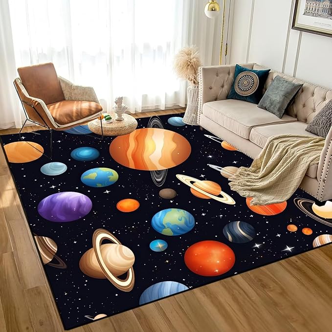 5' x 7' Space Rug for Kids Bedroom Cartoon Planet Stars Rugs Galaxy Carpet Printed Throw Rugs for Boys Children Living Room,150x210cm