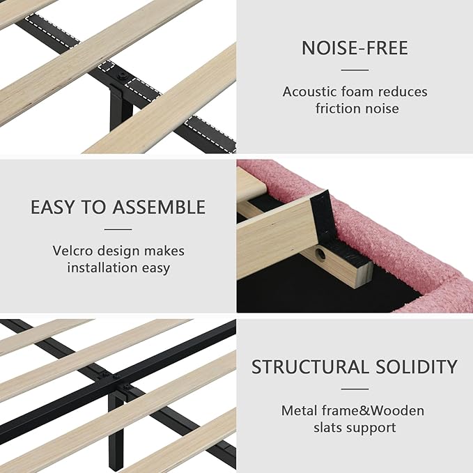 Boucle Upholstered Bed Frame King Size, Low Platform Bed King, Modern Soft Style, Adjustable Headboard, No Box Spring Needed, Easy Assembly, Pink