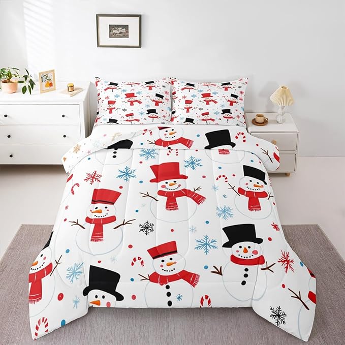 Feelyou Merry Christmas Comforter Set All Season Snowman Bedding Set with 1 Pillow Cases Winter Holiday Microfiber Kids Toddler Bedclothes New Year Gift Bedroom Decor Duvet Quilt Soft Lightweight