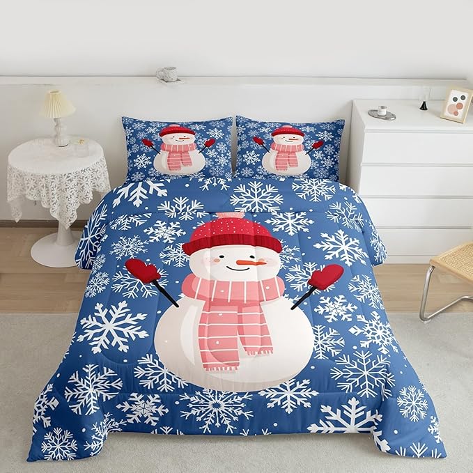 Feelyou Christmas Comforter Set Toddler Size Snowman Blue Bedding Set for Kids Boys Girls Xmas Snowflakes Duvet Quilt Winter Snow Bedroom Decor Microfiber 2 Pcs with 1 Pillow Cases