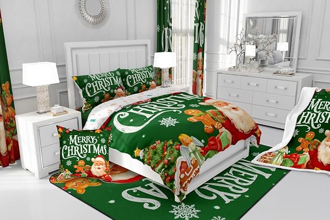 Feelyou Green Christmas Comforter Set All Season Santa Claus Bedding Set with 2 Pillow Cases Gingerbread Microfiber Kids King Bedclothes Bedroom Decor Duvet Quilt Breathable Soft