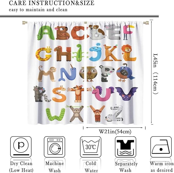 Kids Alphabet Curtains Cartoon Animal Baby Children Funny Learning Educational Curtain with Rod Pocket for Bedroom Nursery Decor Drapes Window Treatments 2 Panels Set 42x45 Inch