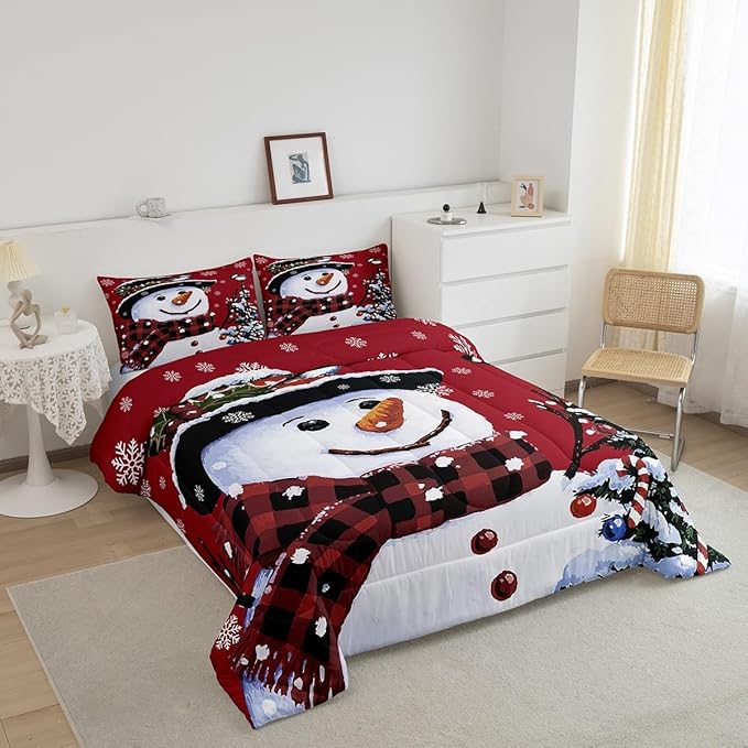 Feelyou Kids Christmas Theme Decorations Bedding Set Xmas Snowman Comforter Set for Boys Girls Snowflake Kawaii Cute Comforter Red Quilt Set Bedroom Collection Toddler Size