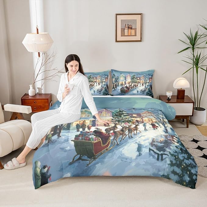Feelyou Watercolor Christmas Comforter Set King Size Santa Claus Bedding Set for Kids Boys Girls Reindeer Sled Duvet Quilt Xmas Tree Bedroom Decor Microfiber 3 Pcs with 2 Pillow Cases