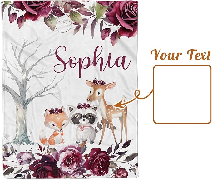 Custom Baby Blanket with Name, Double Layer Soft Dot Back Personalized Baby Blanket for Boys Girls, Woodland Blanket for Newborn Toddler, Customized Swaddle for Kids Birthday Gifts(47" x60)
