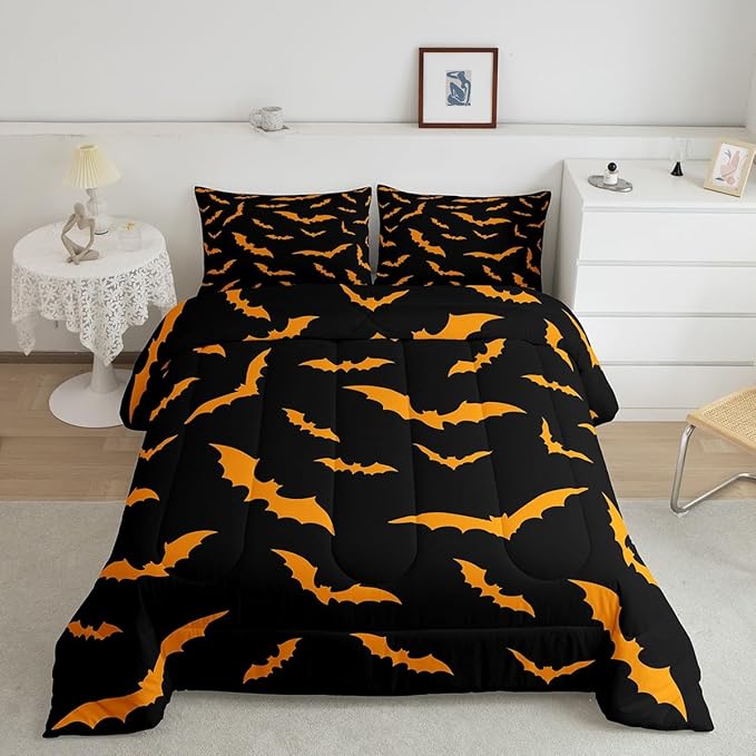 Erosebridal Bat Quilt Happy Halloween Decor Comforter Set King Size for Kids Boys Youth Gothic Spooky Bedding Set Orange Bats Silhouette Duvet Insert with 2 Pillow Cases