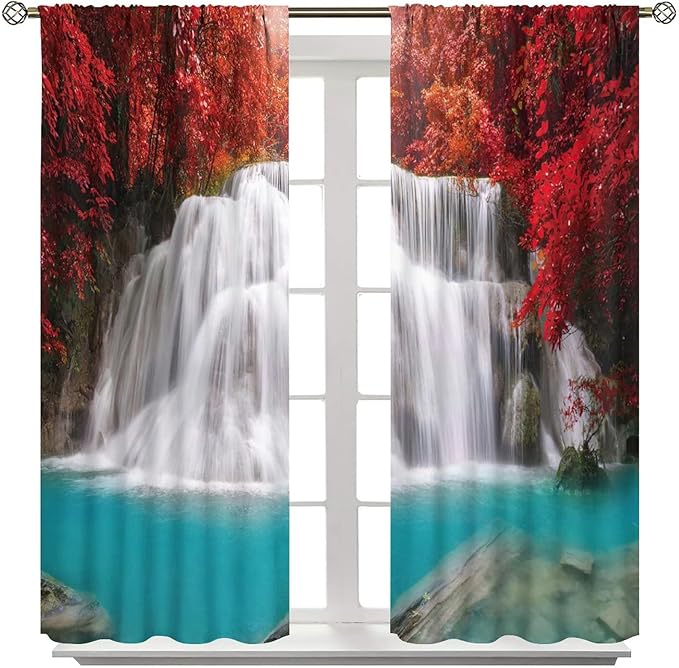 Red Forest Waterfall Blackout Windows Curtains, Tree Landscape Woodland Scenic Nature Fall Scenery Art Printed Curtains, for Living Room Bedroom 42x54in 2 Panels