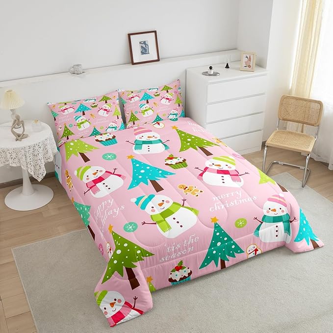 Erosebridal Merry Christmas Comforter Set for Kids,Pink Xmas Decor Bedding Set Twin Size,Cartoon Snowman Quilts Christmas Tree Down Comforter for Girls Boys Teens Bedroom Decor