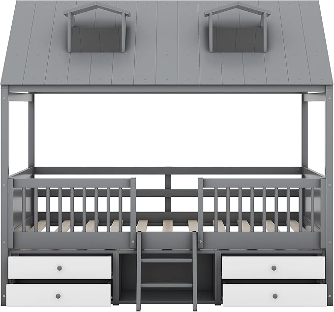 Merax Full Size Wood House Bed Frame with Full-Length Fence and 4 Storage Drawers, Kids Playhouse Tent Bed with Roof and 2-step Ladder for Children Boys Girls Teens Bedroom, No Box Spring Needed, Gray