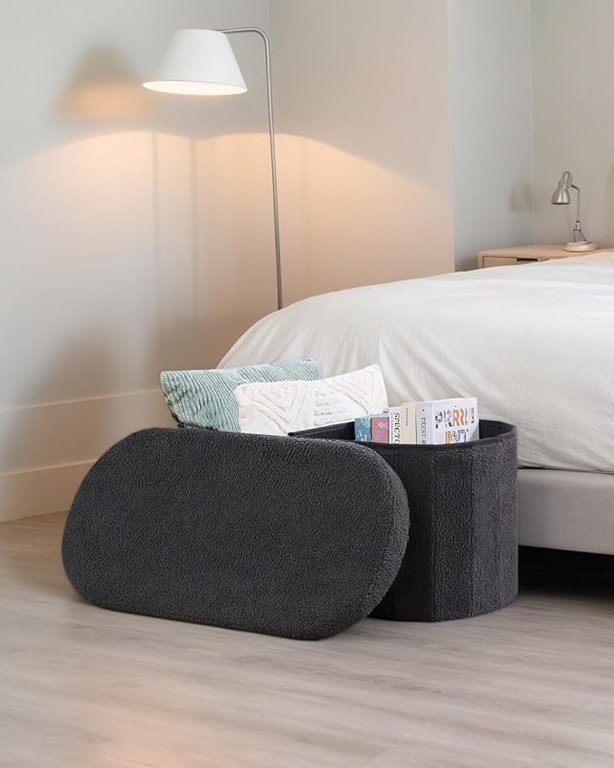 30" Oval Foldable Ottoman with Storage, Teddy Boucle Fabric Footrest, Storage Bench for Living Room, Bedroom, Entryway, Dorm, Darkgrey