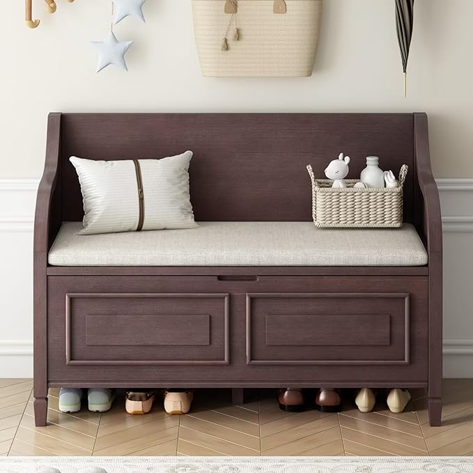 Merax Storage Bench, 41.9” Solid Wood Storage Chest with Backrest and Safety Hinge, Large Storage Space Bench with Upholstered Cushions,Supports 250 lb and Easy Assembly for Small Space, Espresso
